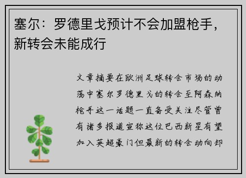 塞尔：罗德里戈预计不会加盟枪手，新转会未能成行