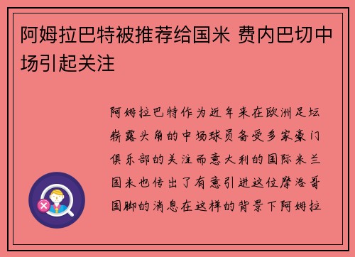 阿姆拉巴特被推荐给国米 费内巴切中场引起关注